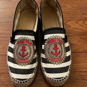 Philipp Plein Black and White Striped Espadrilles with Red Anchor